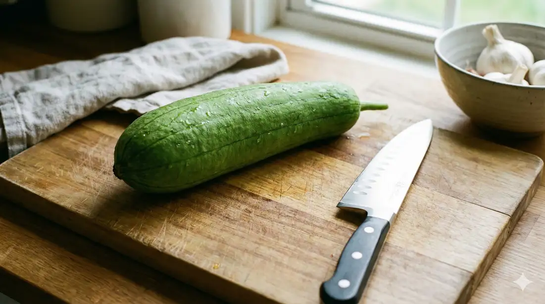 Whole fresh luffa gourd with chef knife on wooden cutting board