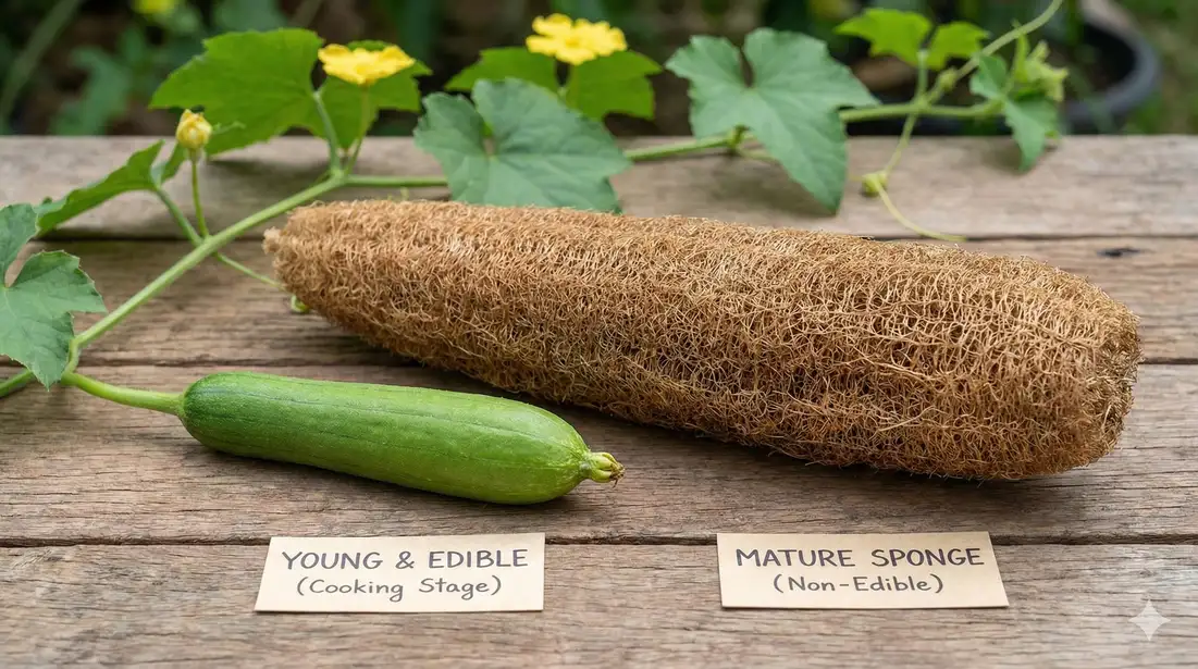 Young luffa for eating vs mature luffa for sponge side by side