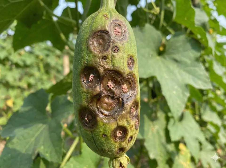 Anthracnose fruit rot spots on loofah gourd