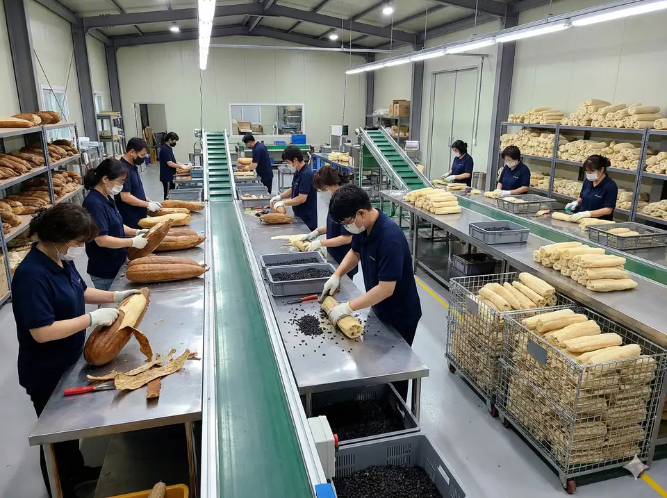 Assembly line setup for peeling multiple loofah gourds efficiently