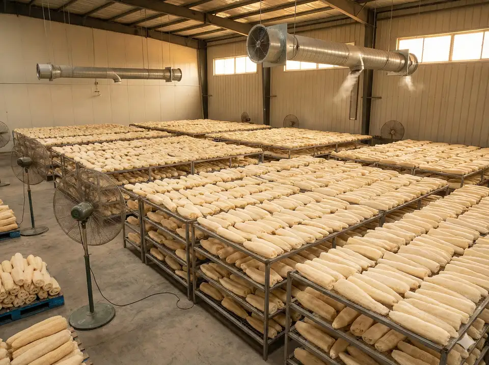 Multiple processed loofah sponges drying on a tiered rack system