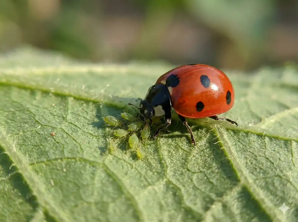 Ladybugs providing natural aphid control on loofah plants