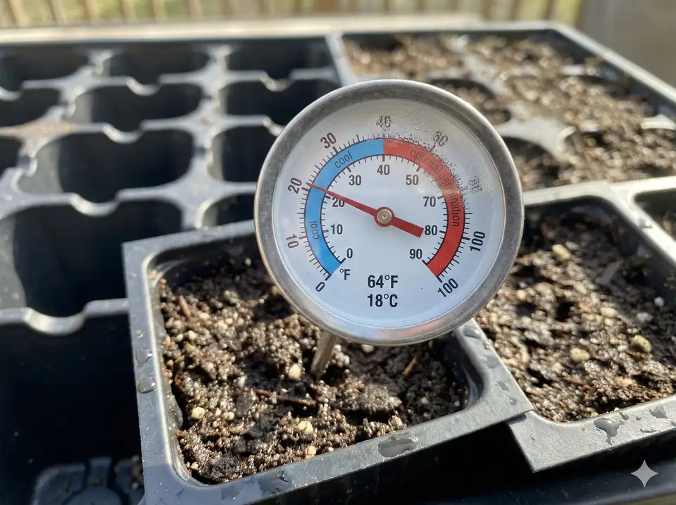 Checking cold soil temperature with thermometer for loofah germination