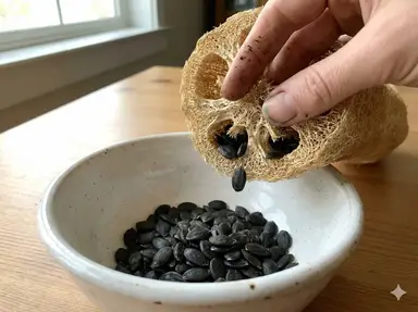 Collecting loofah seeds in a bowl
