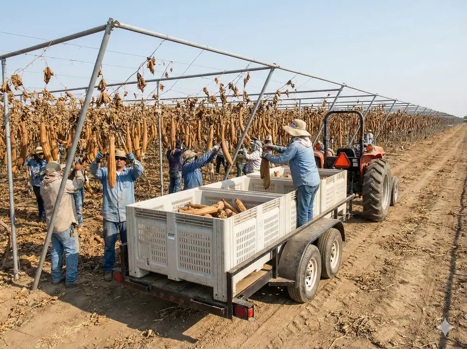 Workers harvesting mature loofah gourds on commercial farm