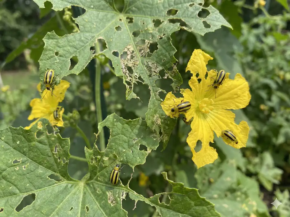Yellow striped cucumber beetles on loofah plant