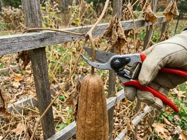 Hand using pruning shears to cut dried luffa gourd from vine at harvest time