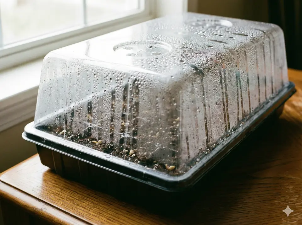 Seed starting tray covered with clear humidity dome to maintain moisture