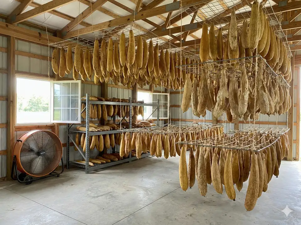 Indoor loofah drying rack setup with proper airflow