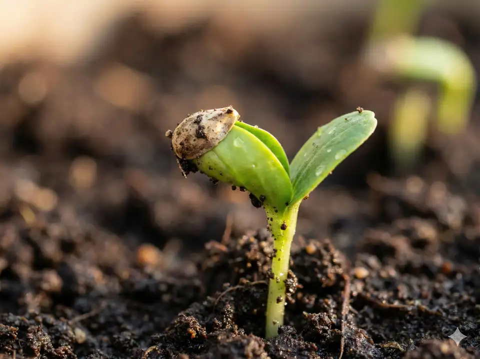 Young loofah seedling emerging from soil showing first week of growth