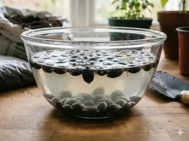 Luffa seeds soaking in shallow bowl of water for pre-germination treatment