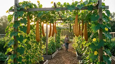 Luffa vines with mature gourds hanging on vertical trellis in productive vegetable garden with morning sunlight