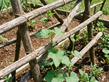 Young luffa vine beginning to climb sturdy wooden trellis with tendrils reaching