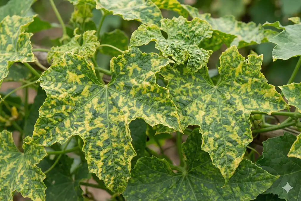 Mosaic virus showing mottled pattern on loofah leaves