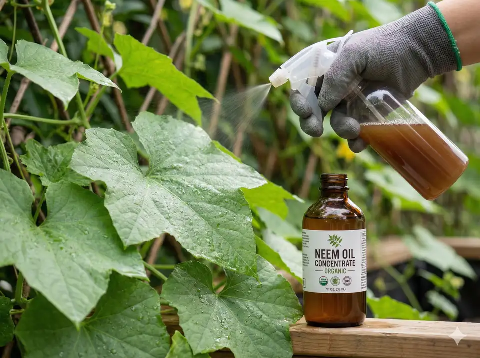 Applying organic neem oil spray to loofah leaves