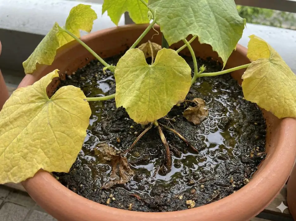 Overwatered loofah plant with yellow leaves and root damage
