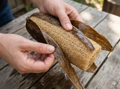 Peeling luffa skin by hand to reveal sponge fiber