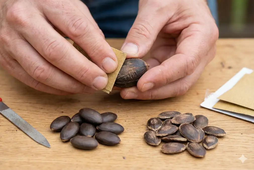 Scarifying hard loofah seed coat to improve germination
