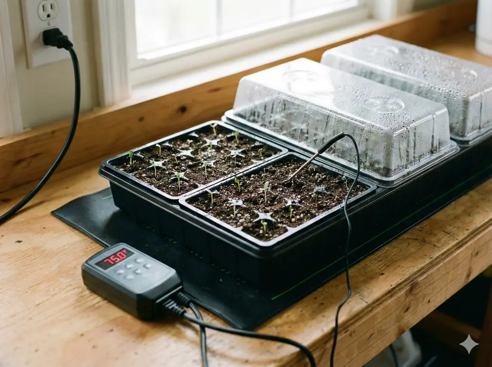 Seed trays sitting on electric heat mat providing bottom heat for germination