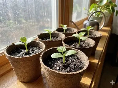 Luffa seedlings in biodegradable peat pots on sunny windowsill with first true leaves