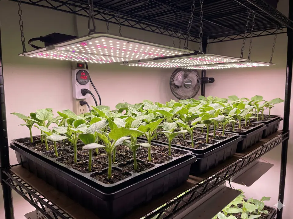 Luffa seedlings growing under LED grow lights with proper light distance