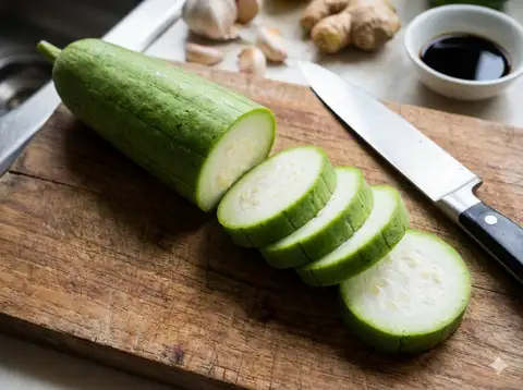 Sliced green loofah prepared for cooking