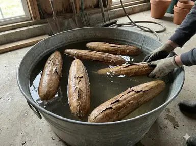 Soaking dried luffa gourds in water to soften skin