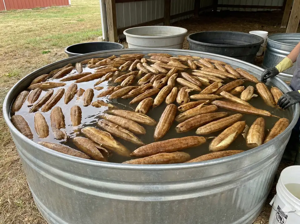 Multiple loofah gourds soaking in a large basin to soften skins