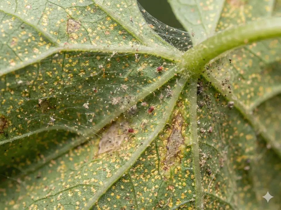 Spider mite webbing and damage on loofah leaves