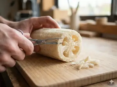 Trimming luffa ends with scissors to size