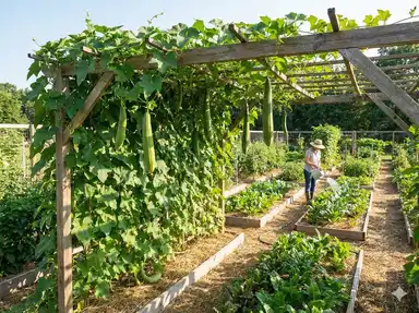 Vegetable garden with climbing vines on trellis showing healthy loofah plants