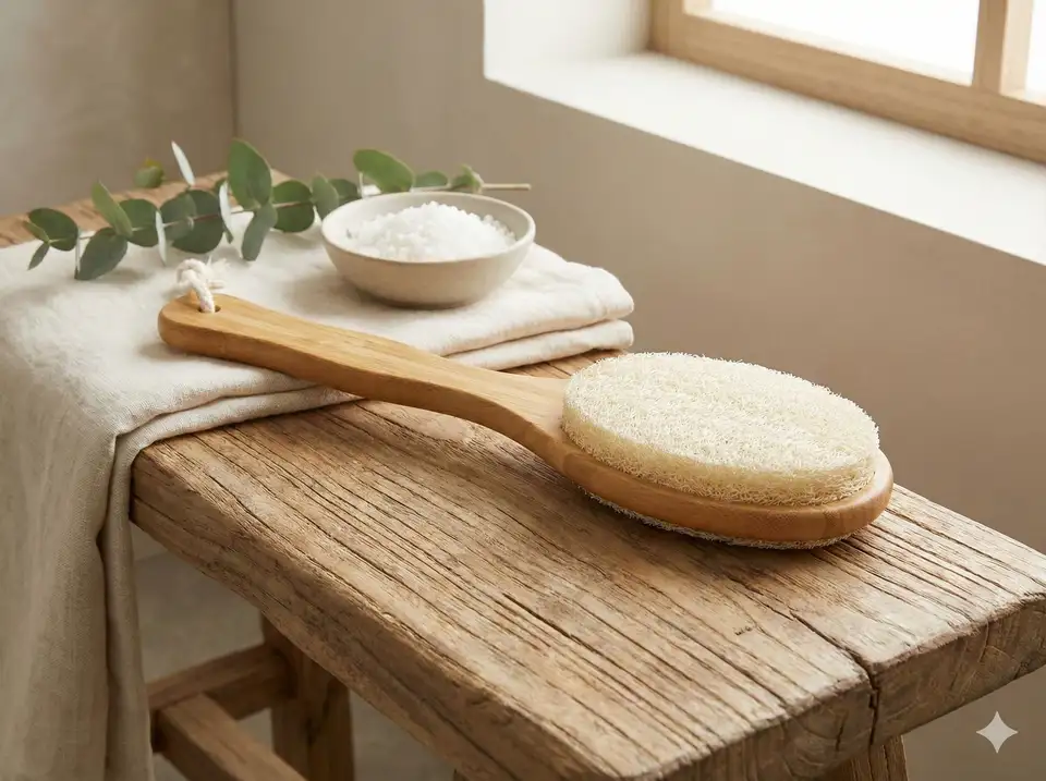 Sustainable bamboo back scrubber with natural loofah pad