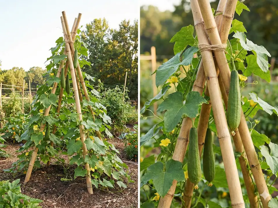 Natural bamboo teepee trellis structure in garden with loofah vines growing up the poles, eco-friendly biodegradable support option for small-scale luffa growing