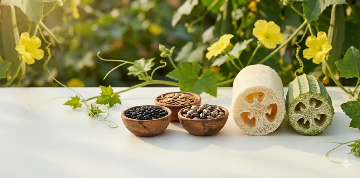 Different luffa seed varieties in a bowl