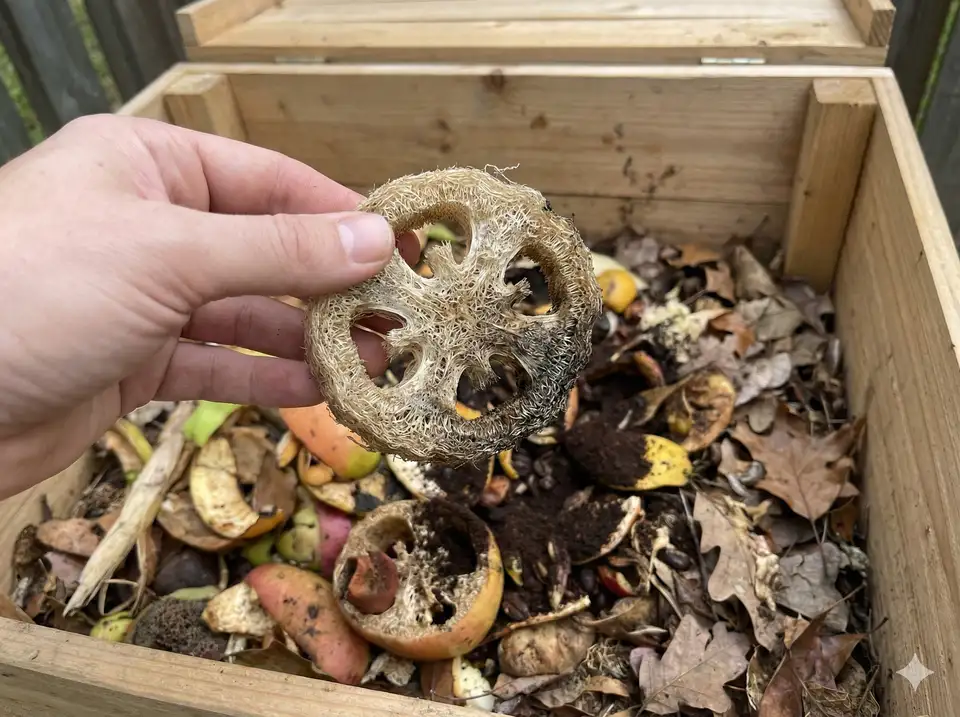 Worn luffa sponge being placed in compost bin with food scraps showing biodegradable nature