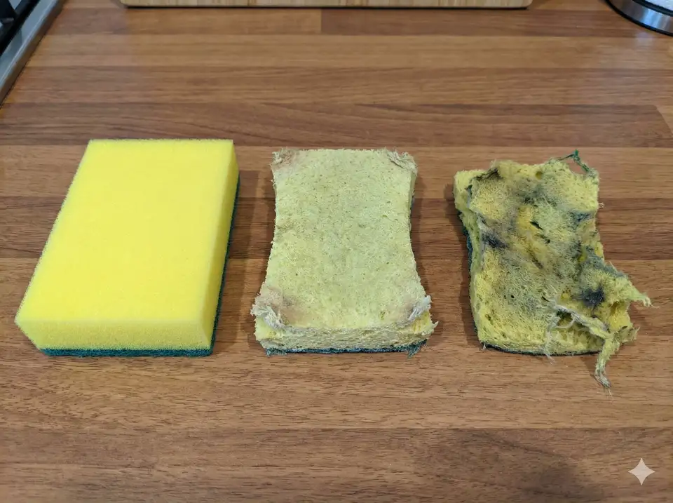 Three sponges at different wear stages showing how they deteriorate over time for longevity comparison