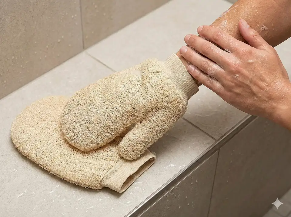 Pair of loofah bath gloves showing textured exfoliating surface
