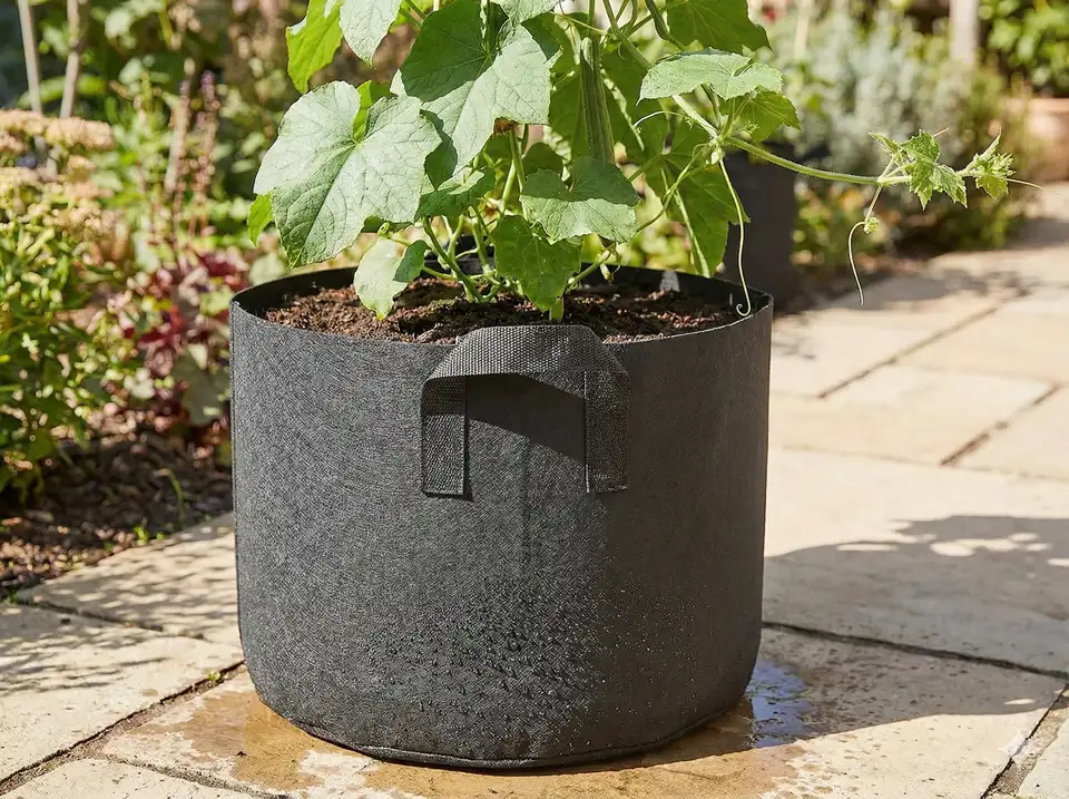 Large 20-gallon fabric grow bag with healthy loofah plant establishing in breathable material, showing reinforced handles and excellent drainage on a patio setting