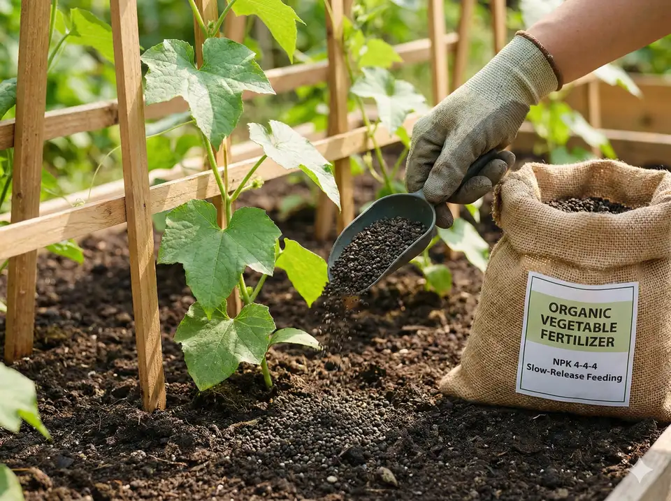 Hand sprinkling granular organic fertilizer around base of luffa plant with fertilizer bag showing NPK ratio for slow-release feeding
