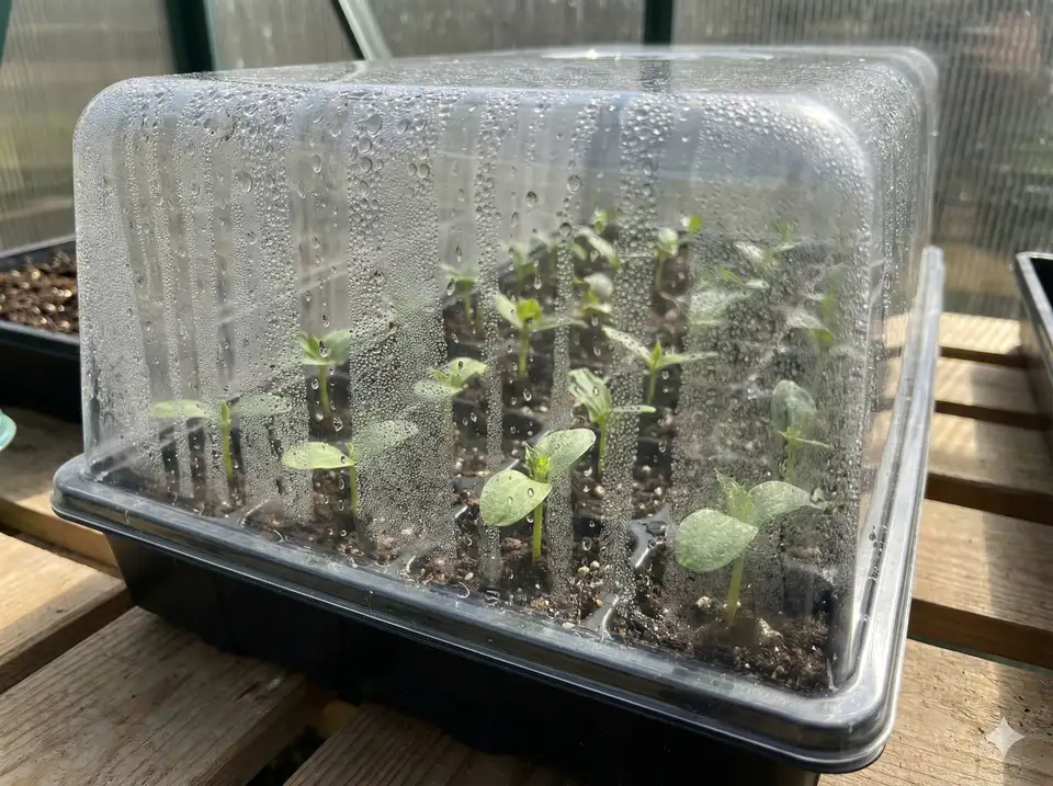 Clear humidity dome covering seed starting tray maintaining moisture