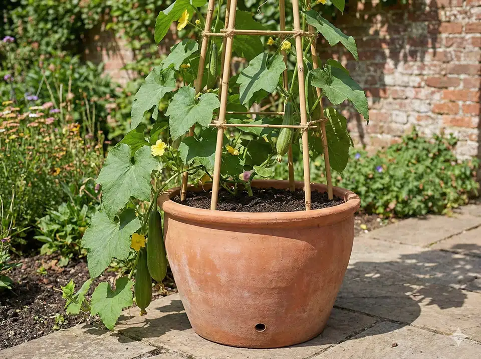Traditional large terracotta clay pot 18-20 inches in diameter with loofah plant and bamboo support structure, showing visible drainage hole for proper root health