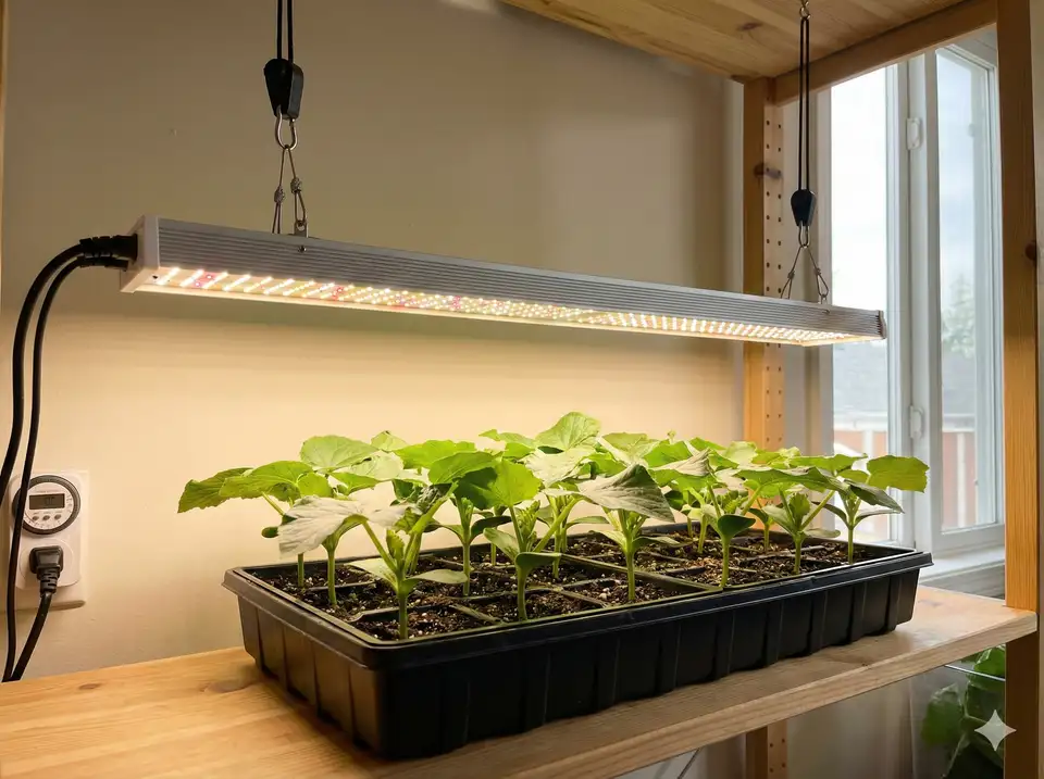 LED grow light positioned over loofah seedlings in indoor setup