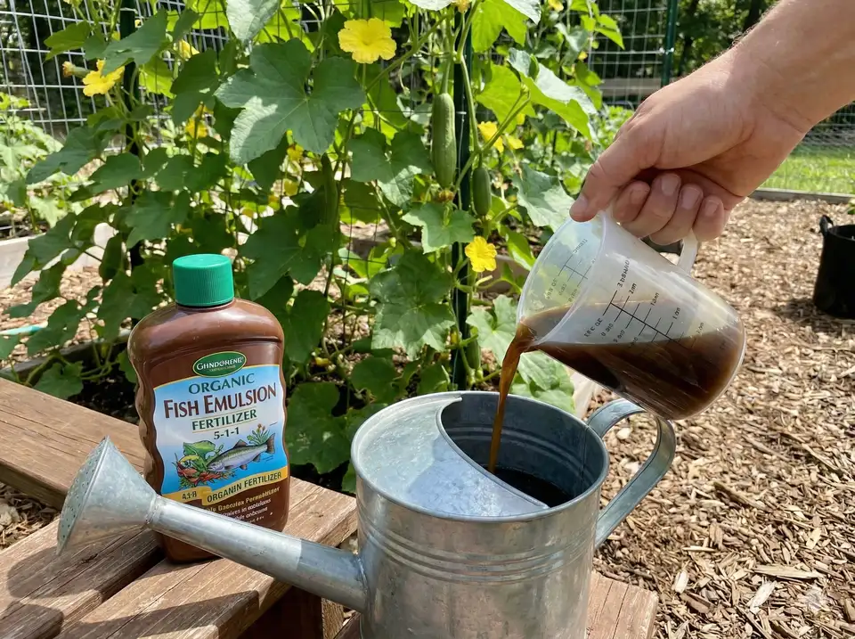 Bottle of fish emulsion fertilizer with cap and measuring cup, diluted mixture being poured into watering can with luffa plant in background