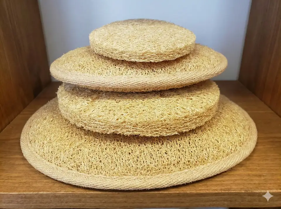 Stack of round or oval loofah bath pads in different sizes