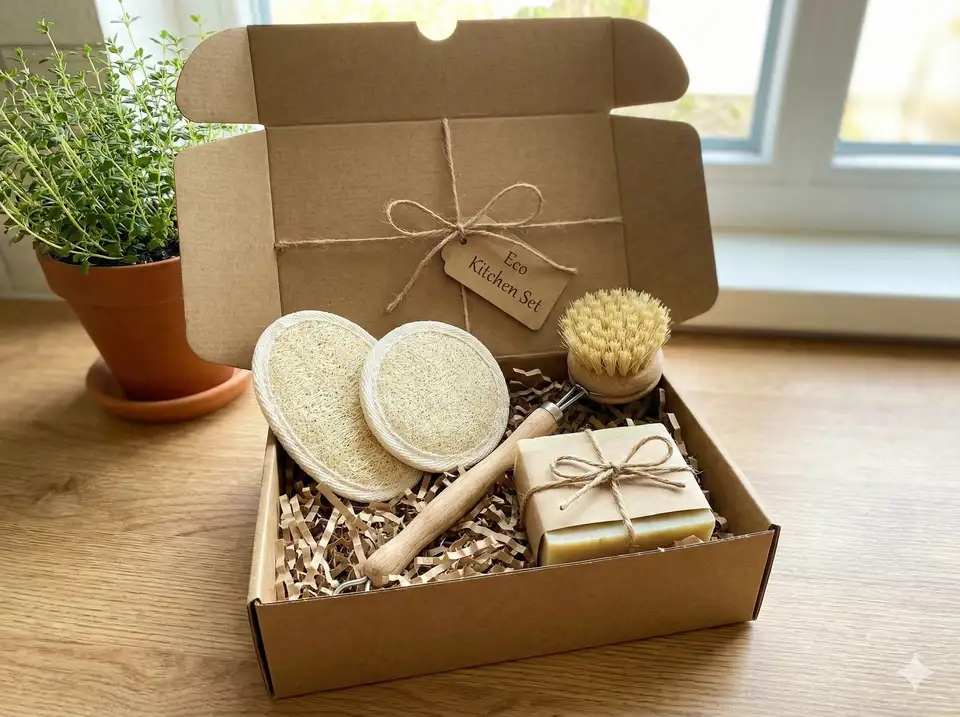 Kitchen-themed loofah scrubber gift set for home