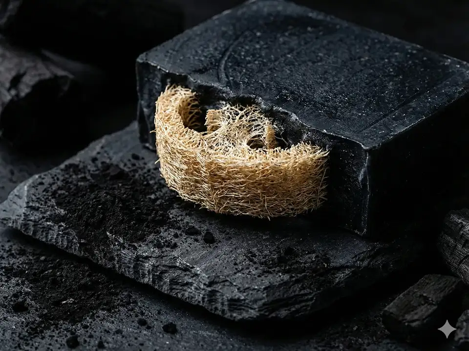 Black charcoal loofah soap bar for deep cleansing