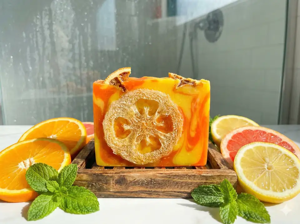 Orange or lemon scented loofah soap bar with citrus oils