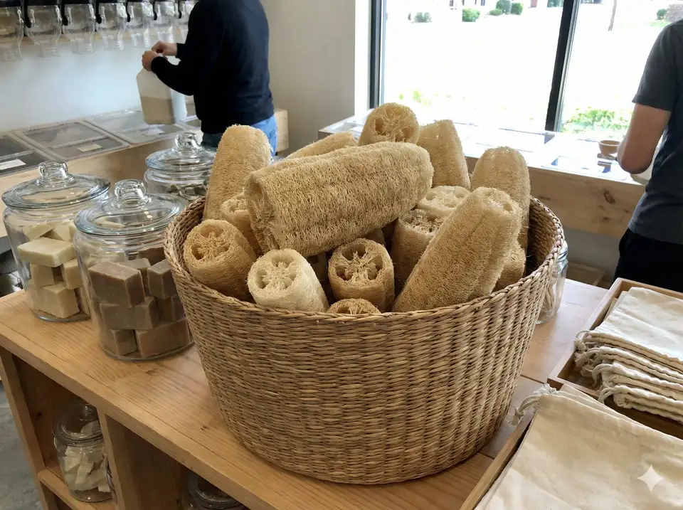 Loose natural luffa sponges in bulk bin or basket with no packaging for zero waste shopping