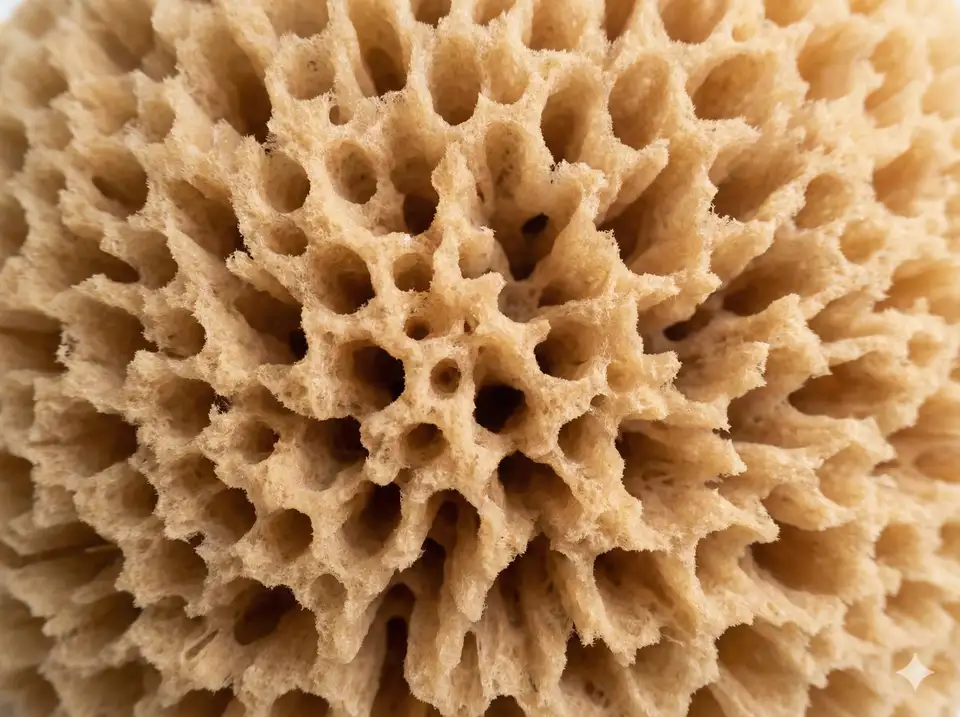 Extreme close-up of natural sea sponge showing soft irregular pores and gentle honeycomb texture