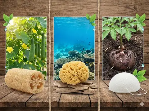 Three sponges with natural eco-friendly symbols showing sustainability comparison for luffa, sea sponge, and konjac